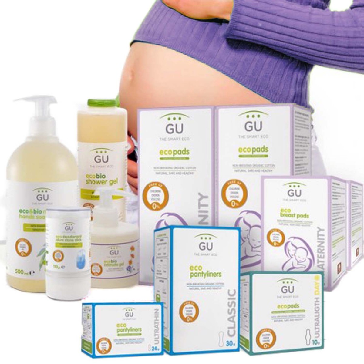 Pack regalo productos ecológicos embarazo y postparto. Algodón 100% ecológico. Previene irritaciones y infecciones.