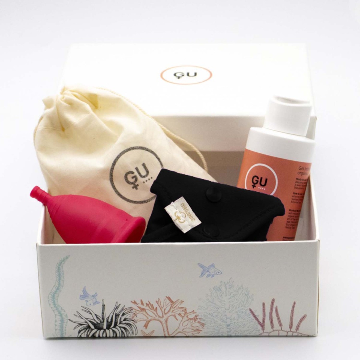 Pack regalo copa menstrual y protege slip de algodón 100% ecológico reutilizable y gel íntimo ecológico.